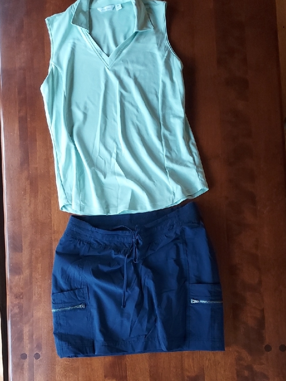 Lady Hagen Sleeveless Mint V-Neck Top with Navy Drawstring Skirt By Tangerine